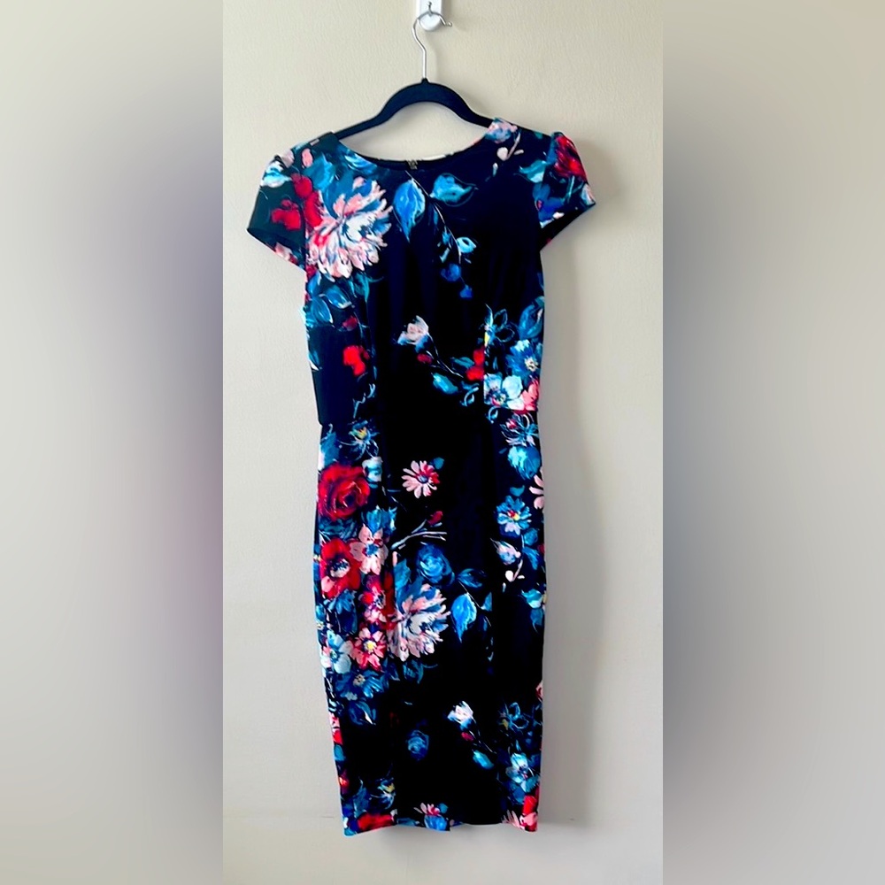 Betsey Johnson Sheath Midi Dress Women 2‎ Floral Cap Sleeve Zipper Back Lined